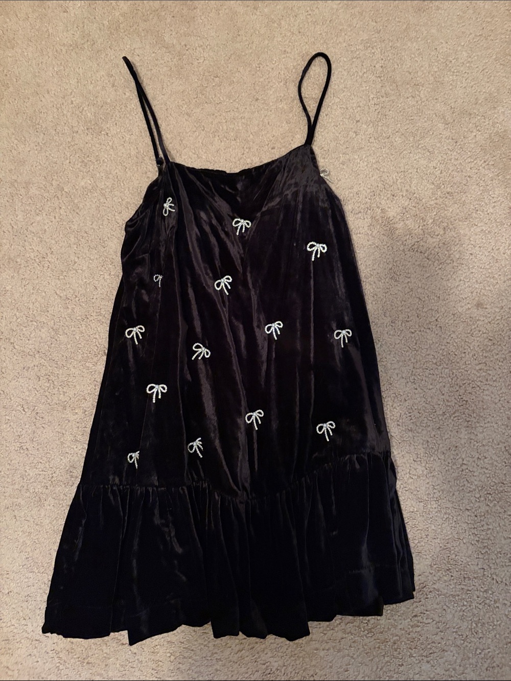 Maeve NWOT Black Velvet Spaghetti-Strap Dress with Bow and pearl Embroidery